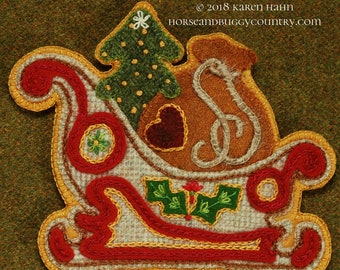 Wool applique kit pattern embroidery Santa Sleigh 7" x 6" Christmas ornament "The Horse Knows the Way" hand dyed felted wool fabric pillow