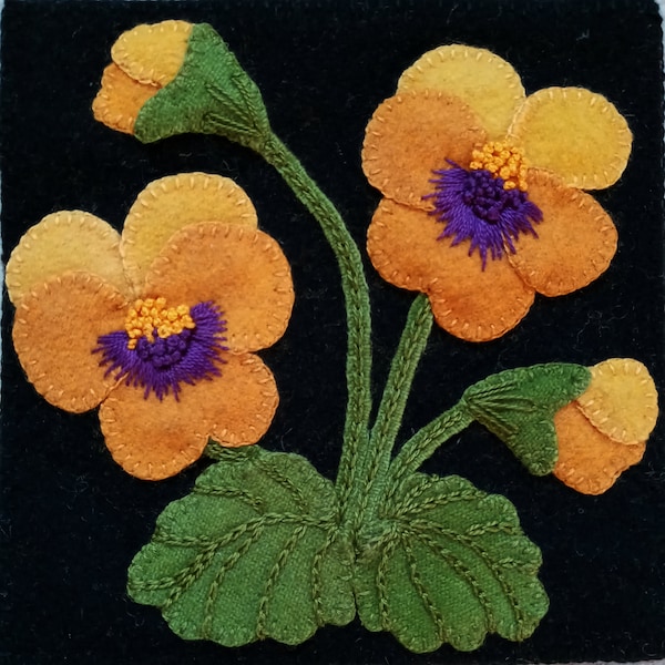 Wool applique PATTERN &/or KIT "Yellow Pansies" 6x6 block 1 of 24 in "Four Seasons of Flowers" folk wool quilt wall hanging table runner