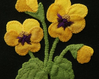 Wool applique PDF e-PATTERN "Yellow Pansies" one block of 24 "Four Seasons of Flowers" table runner bed runner wall hanging wool quilt rug