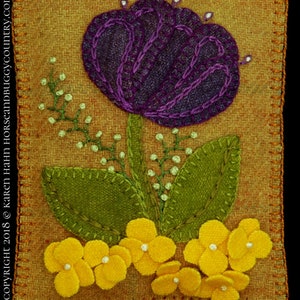 Wool Applique Pattern Kit “Timid Crocus” springtime sachet pin cushion tuck pillow bowl filler embroidery purple yellow hand dyed wool quilt