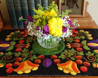 Wool applique PATTERN KIT 28" x 17 1/2" table rug runner floral embroidery "Jacobean Summer" wool stencil hand dyed felted wool fabric