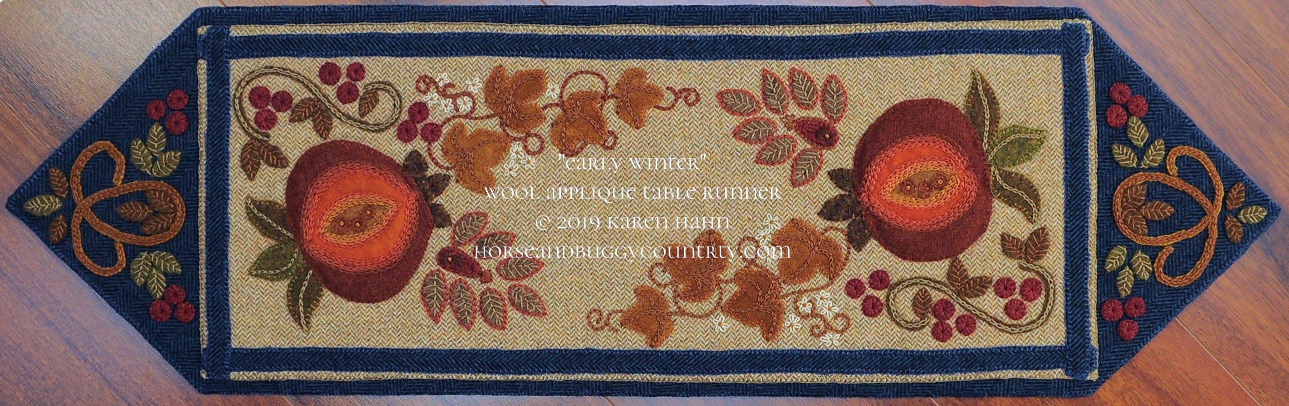 Wool Applique Pattern Kit Embroidery “Jacobean Autumn” table runner candle  mat primitive dyed wool fabric