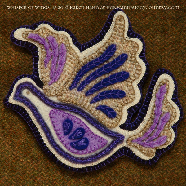 Wool applique pattern kit embroidery winter bird dove 6" x 5 1/2" Christmas ornament  "Whisper of Wings" bowl filler felted wool felt fabric