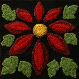 Wool applique PDF e-PATTERN &quot;Poinsettia&quot; one block of 24 &quot;Four Seasons of Flowers&quot; wall hanging wool quilt table runner bed runner pillow