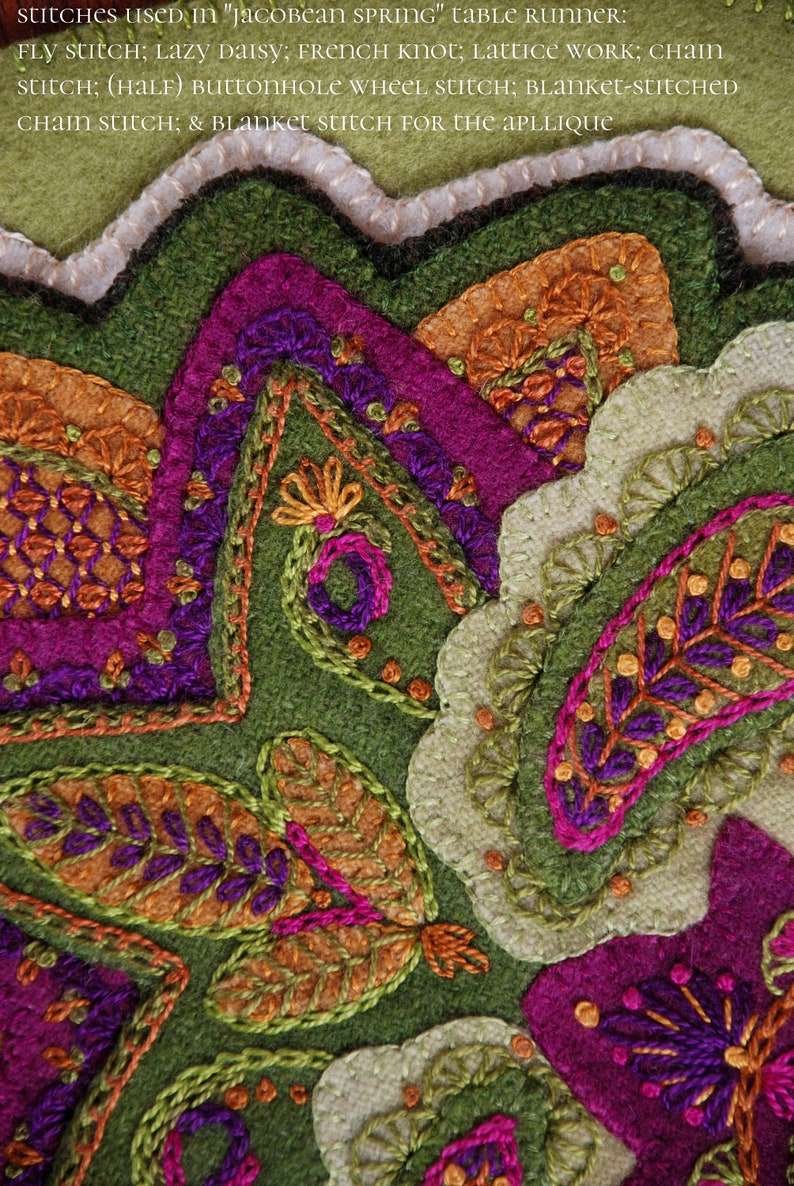 Wool applique PATTERN KIT Jacobean Spring table image 6
