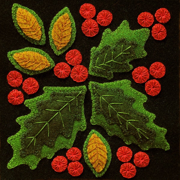 Wool applique PATTERN &/or KIT "Holly" 6x6 block 1 of 24 "Four Seasons of Flowers" Christmas quilted table bed runner wool wall hanging