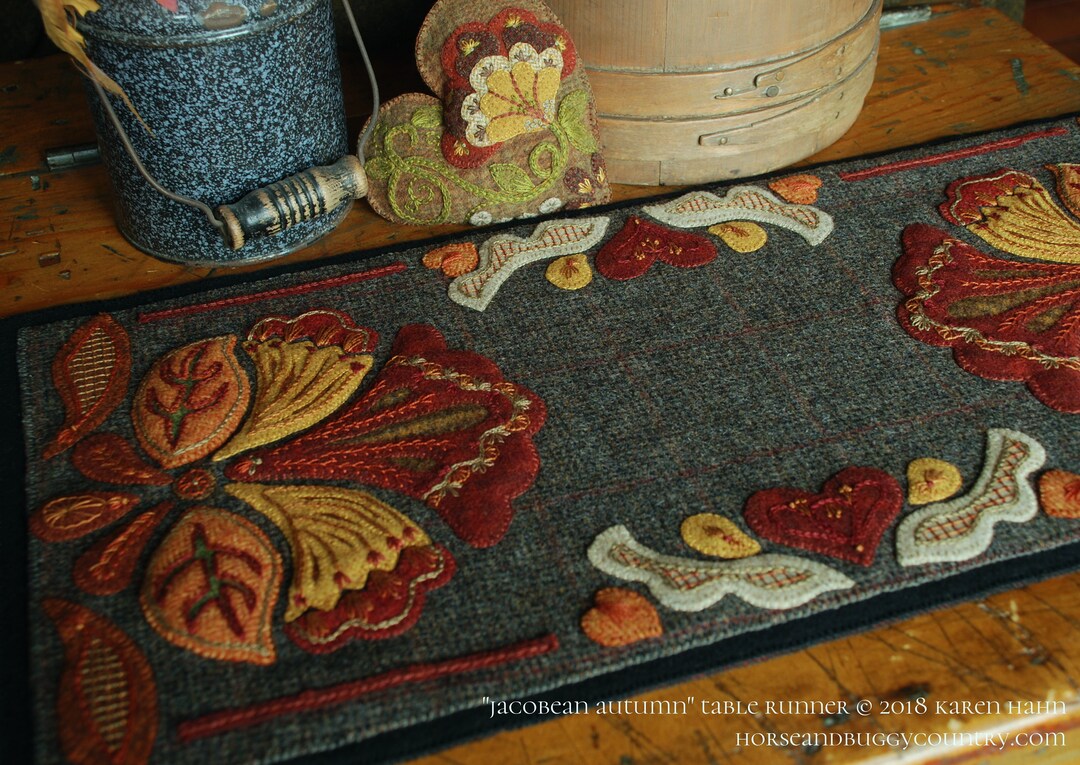 Wool Applique PATTERN KIT Embroidery jacobean Autumn 25 1/2 X 12 Table ...