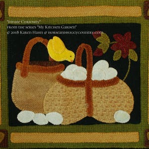 Wool applique PDF e-PATTERN &quot;Innate Curiosity&quot; wall hanging from the series &quot;My Kitchen Garden&quot; wool applique chick basket hand dyed wool