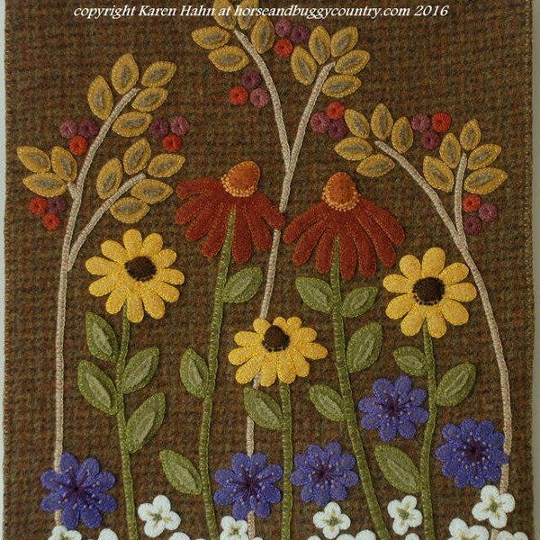 Wool applique PDF e-PATTERN "Autumn Garden" wall hanging autumn fall cone flowers chicory felted wool hand dyed rug hooking wool quilt block