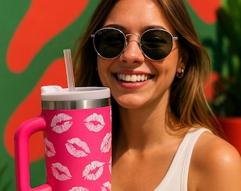 40 oz roze beker met rietje – ijskoffiekop met kusprint – herbruikbare morsbestendige mok – autovriendelijk – cadeau voor haar