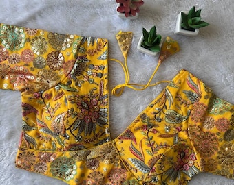 Yellow Readymade stitched Viscos Georgette Floral Sequence embroidered saree blouse Beautiful Indian blouse Crop top wedding party wear