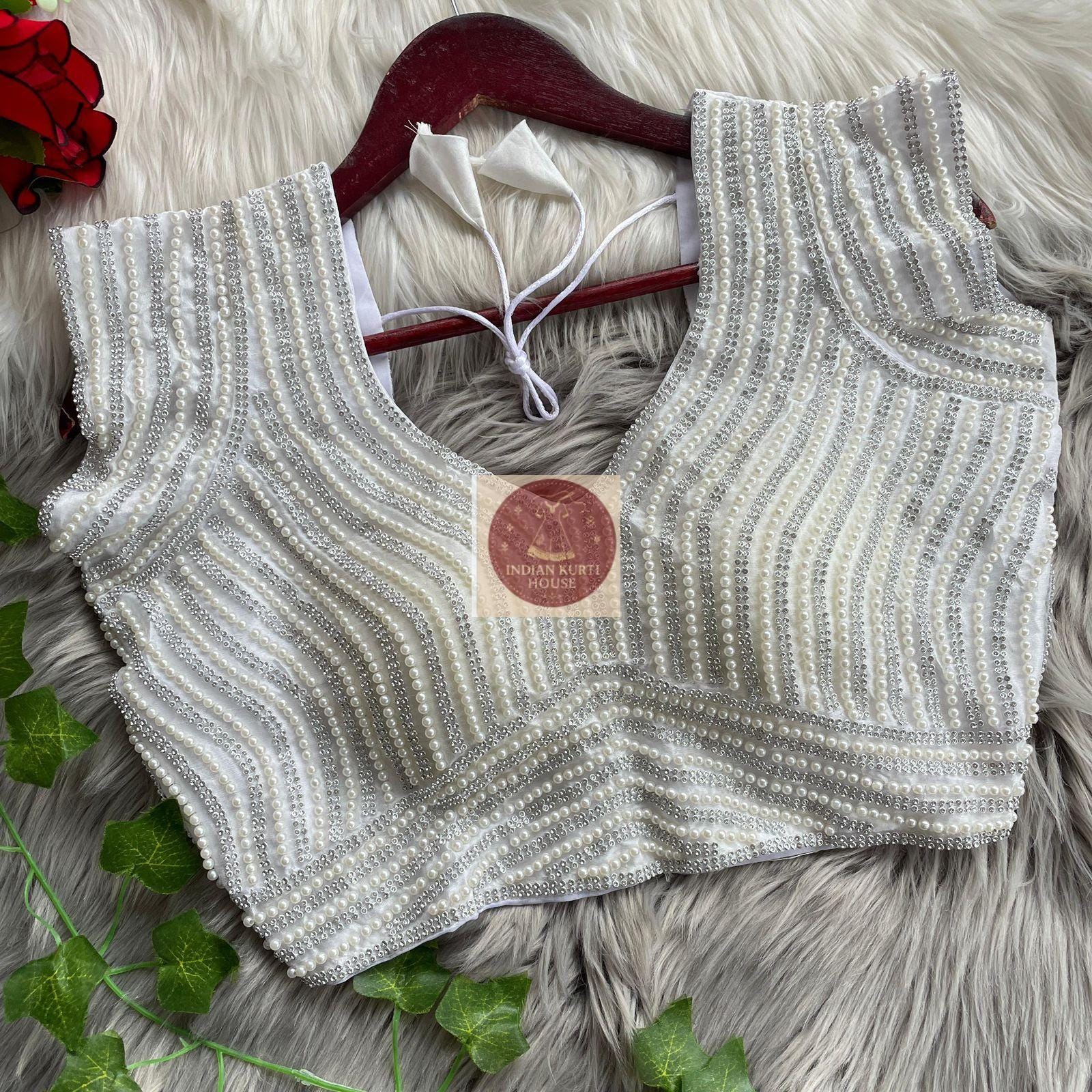 Readymade saree Blouse Heavy Beautiful Handcrafted Pearl Moti Work All Over Front And Back Indian Crop top wedding party wear blouse
