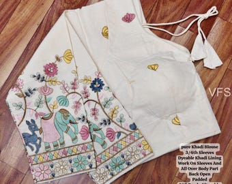 Readymade stitched khadi cotton embroidered saree blouse Beautiful Indian blouse Crop top wedding party wear blouse 3/4 sleeves Blouse