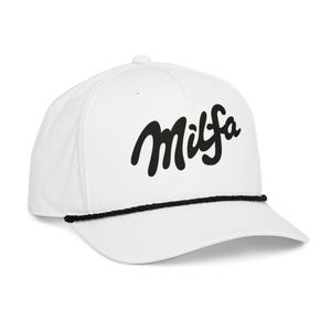 May include: White baseball cap with a black rope detail and a curved brim. The cap features the word "Milfsa" in a bold, black, handwritten-style font across the front.