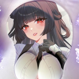 May include: Ergonomic mousepad featuring a detailed anime-style illustration of a woman with long black hair and red eyes. The mousepad has a built-in wrist rest for comfort and support. The image includes the text "hynorin.etsy.com".