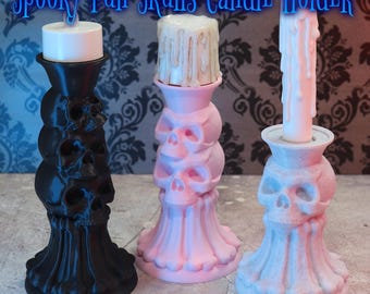 Spooky Fun Candle Holder - Halloween Skulls Haunted Mansion Gothic Decor - Tea light Votive Taper Candlestick LED - Flameless Candles Only