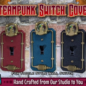 May include: Three steampunk style light switch covers with a toggle switch. The covers are made of metal and have a gauge with a needle and a red, yellow, and green color scheme. The covers are in red, blue, and black.