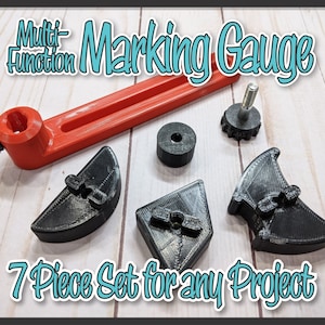 May include: A 7-piece multi-function marking gauge set for woodworking projects. The set includes a red handle, a black knob, and five different black marking attachments.