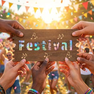 Könnte beinhalten: Ein Holzschild mit dem Wort "FESTIVAL" ausgeschnitten, gehalten von mehreren Händen. Die Buchstaben sind mit bunten Ticketdesigns gefüllt. Noten sind um die Ränder geätzt. Der Hintergrund zeigt eine Menschenmenge bei einer Outdoor-Veranstaltung.
