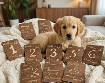 Houten mijlpaalkaarten – stijlvolle aandenkens voor de eerste maanden met je hond.