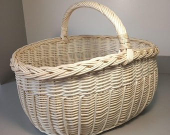 Handmade White Wicker Basket, Large Woven Picnic Basket