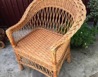 Wicker Armchair - Rustic Rattan Patio Chair, Handwoven Vine Garden Furniture