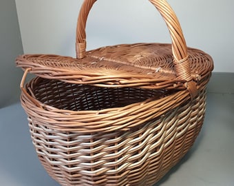 Handmade Wicker Picnic Basket with Lid - Large Woven Harvest Basket