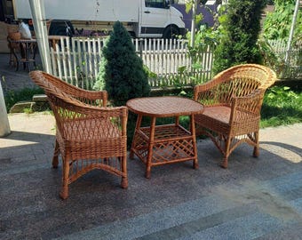 Handmade Wicker Patio Set Boho Coffee Table and two Chairs