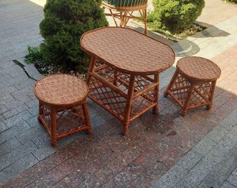 Handmade Wicker Patio Set Furniture Coffee Table and two Chairs from vine
