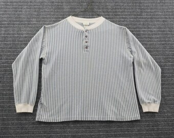 Vintage 80s L.L. Bean Henley Shirt Mens Large Blue White Striped USA Made