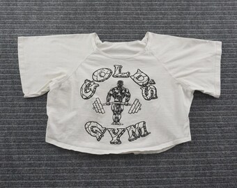 Vintage 80s Gold's Gym Crop Top Mens Large White Raglan Graphic Tee USA Made