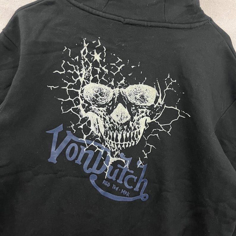 Von Dutch Hoodie Mens Large Black Skull Graphic Back Print Pullover Streetwear image 3