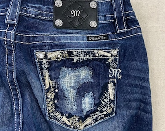 Jeans Miss Me Signature Bootcut da donna, taglia 31, blu effetto usurato con ricami JP8158BV