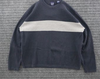 Vintage 90s Gap Sweater Mens Large Navy Blue Grey Stripe Ribbed Cotton