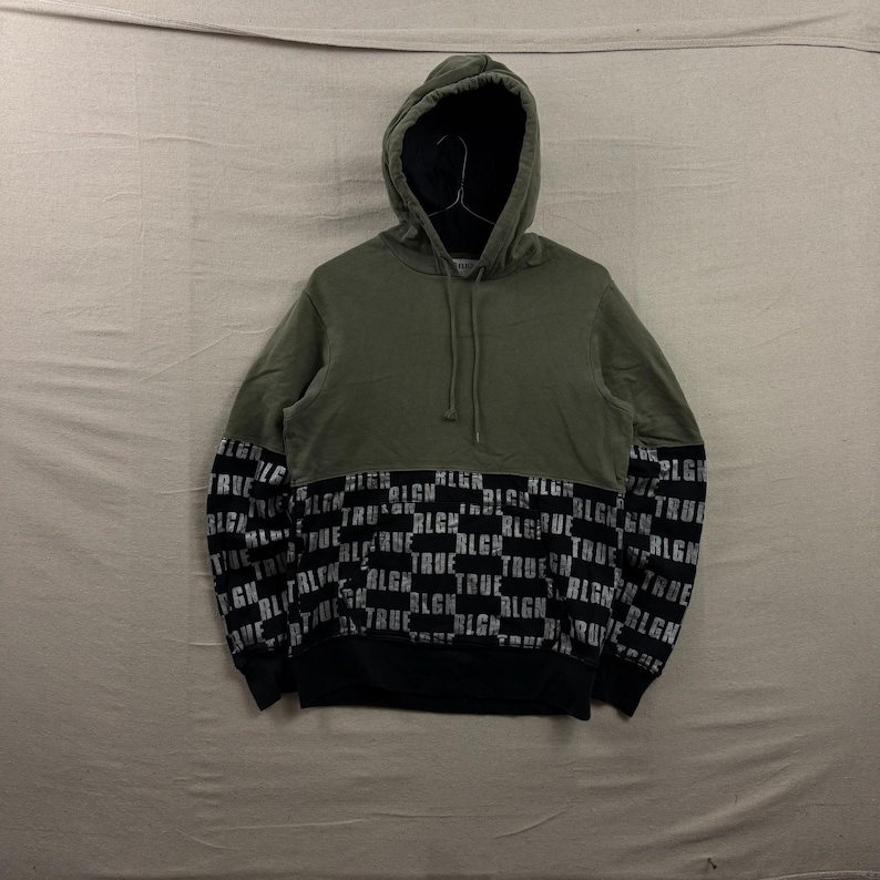 True Religion Hoodie Mens Large Olive Black Monogram Pullover Sweatshirt Logo image 1