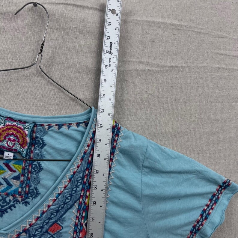 Johnny Was Embroidered V-Neck Top Women Large Light Blue Boho Short Sleeve Shirt image 6