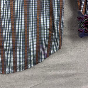 Robert Graham Button Down Shirt L Blue Green Gingham Striped Embroidered Cuff image 10