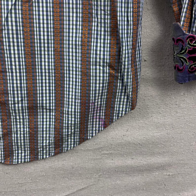 Robert Graham Button Down Shirt L Blue Green Gingham Striped Embroidered Cuff image 10