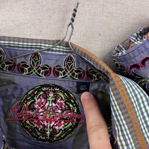 Robert Graham Button Down Shirt L Blue Green Gingham Striped Embroidered Cuff image 4