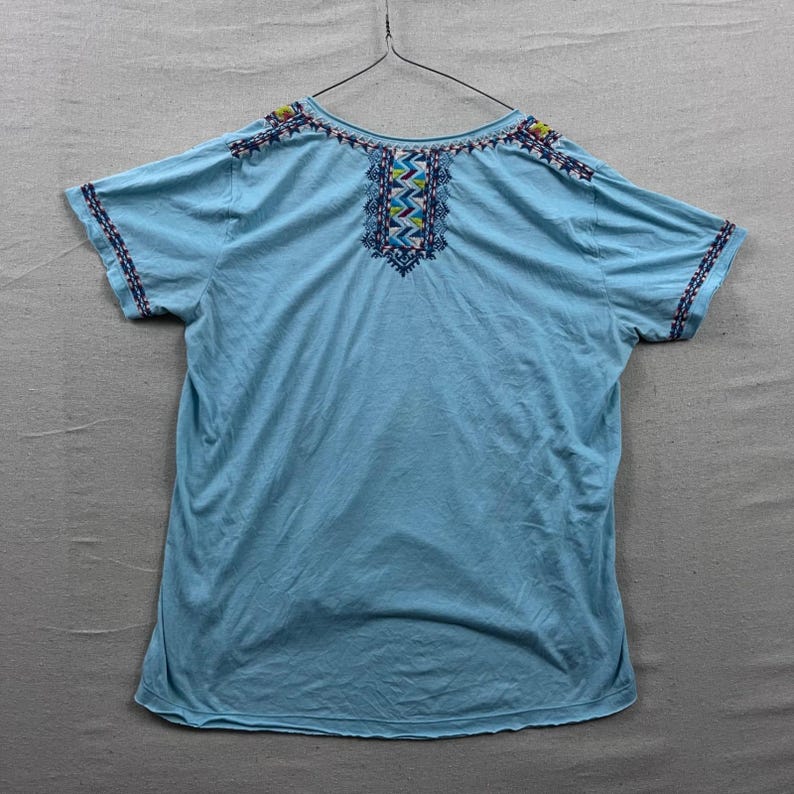 Johnny Was Embroidered V-Neck Top Women Large Light Blue Boho Short Sleeve Shirt image 2