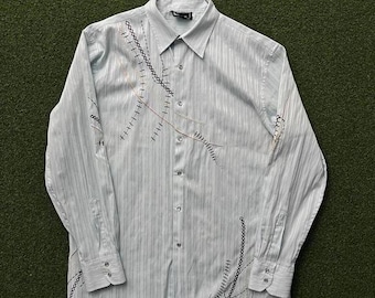 Y2K Embroidered Light Blue Pearl Snap Button Down Shirt