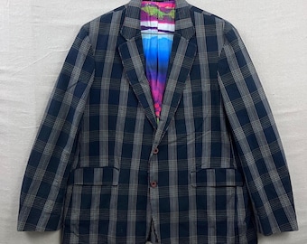 Robert Graham Blazer para hombre, talla 46, azul marino, a cuadros, seersucker, corte clásico, forro gráfico.