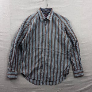 Robert Graham Button Down Shirt L Blue Green Gingham Striped Embroidered Cuff image 2