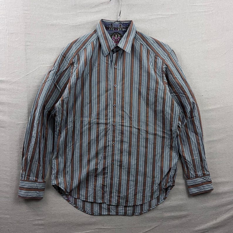 Robert Graham Button Down Shirt L Blue Green Gingham Striped Embroidered Cuff image 2