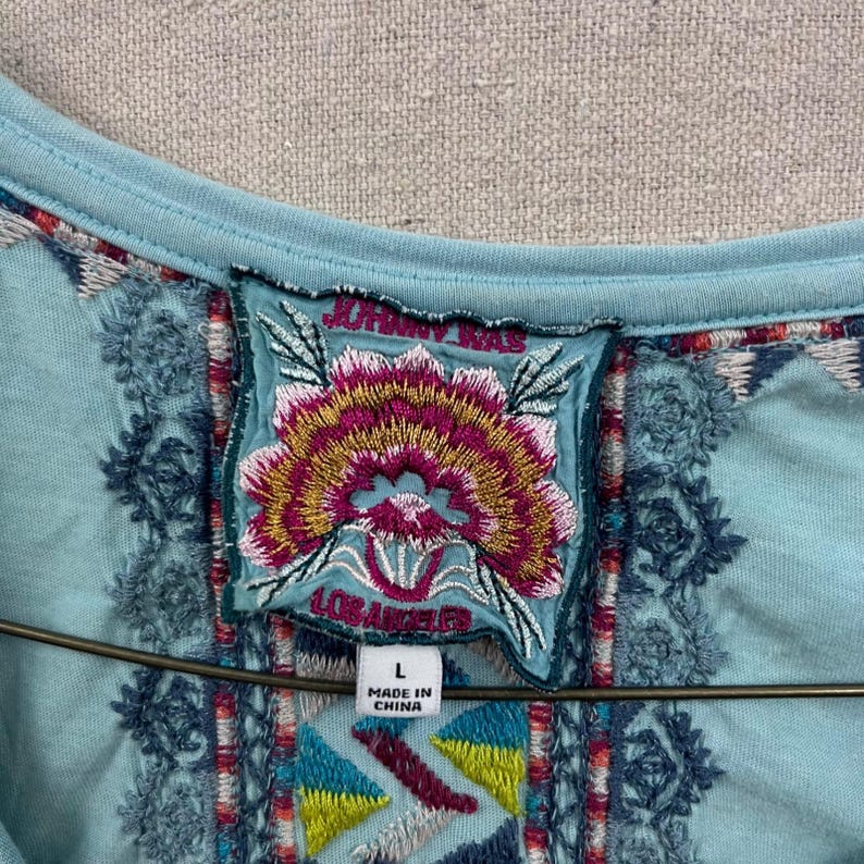 Johnny Was Embroidered V-Neck Top Women Large Light Blue Boho Short Sleeve Shirt image 3