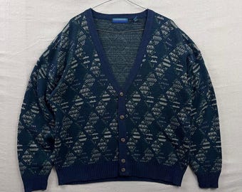 Claybrooke Cardigan Sweater Mens XXL Navy Blue Geometric Diamond Knit Wool Blend