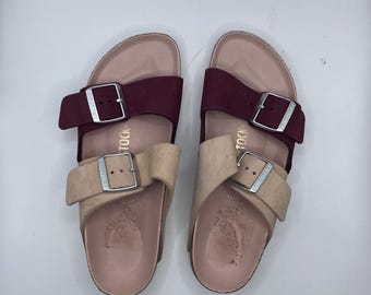 Birkenstock Arizona Sandalen Damen 37 Maroon Tan Nubuckleder Zweifarbige Folien