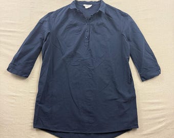 Top a tunica Pomander Place da donna, taglia XXL, blu navy, con pieghe, modello Henley, maniche a 3/4, in cotone.