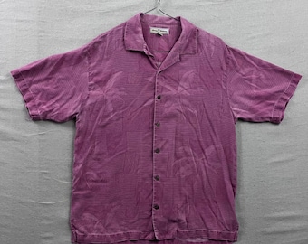 Tommy Bahama Silk Camp Shirt Mens M Purple Palm Jacquard Ribbed Short Sleeve