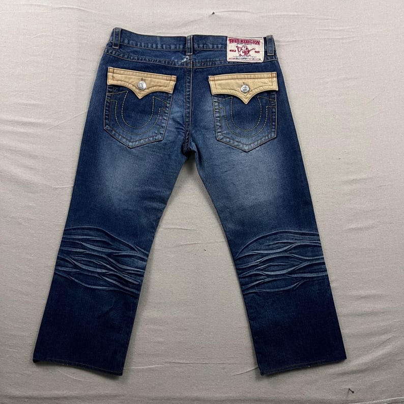 True Religion Billy Super T Jeans Mens 38 Blue Dark Wash Corduroy Flap Pockets image 3